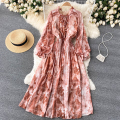 Celebrities' high-end women's clothing elegant printed French dress with slim waist and puff sleeves super big long skirt