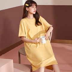 Nightdress women's summer cotton short-sleeved cardigan front button mid-length over-the-knee dress sweet and cute pajamas