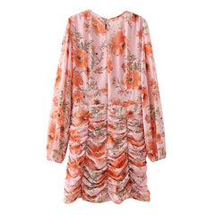 Elegant Floral Printed Mini Dresses Sexy Deep V Neck Puff Long Sleeve Bodycon Dresses Female Bohemian Party Dress