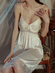 Women's autumn long-sleeved nightdress with chest pad long suspender pajamas lace home service