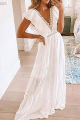 White Lace V-Neck Maxi Dress