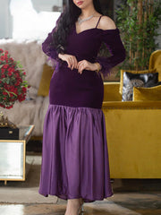 Purple Elegant Feather Stitching Irregular Neck Dress