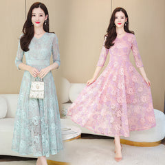 حار بيع جديد الدانتيل فستان جاكار المرأة ربيع جديد مزاجه الخصر التخسيس الخامس الرقبة تنورة طويلة فستان المرأة