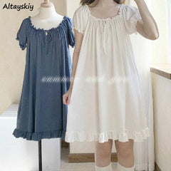 Nightgowns Women Cotton Short Sleeve Sexy Knee length Solid Kawaii Ruffles Bow Sleepwear Lolita Style Nightdress