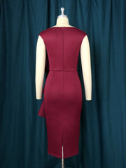 AOMEI Party Evening Dress Women Burgundy Midi O Neck Sleeveless Flower Ruffles High Waist Bodycon Wedding Cocktail Event Gowns