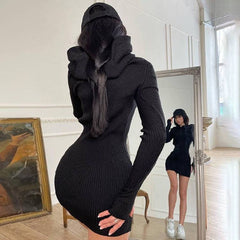 Autumn Winter Knitted Sweater Dress For Women 2021 White Black Long Sleeve Bodycon Mini Dress Casual Hooded Sweatshirt Dresses