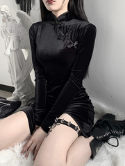SXGOTH Dark Academia Alt Goth Velvet Dress Cheongsam Sexy Bodycon Slit Punk Winter Pleated Female Casual Hollow Black