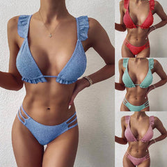 Two Piece Bandage Ruffle Bikini Sets Womens Swimsuit 2PCS Fashion Solid Color Ruffled Split Bathing Suit with Chest Pad