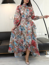 Vintage Stitching Printed Ruffle Trim Strap Dress