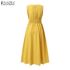 ZANZEA Women Elegant Dresses Solid V-Neck Sleeveless Elastic Waist Ankle Length Dress Fashion Holiday Casual Loose Ladies Vestido Plus Size