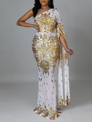 European and American plus-size women's sexy nightclub mature style fashion temperament elegant oblique shoulder bag hip long-sleeved dress high-quali