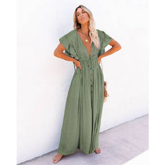 فستان ماكسي صيفي للشاطئ للنساء مطوي برباط عالي الخصر فستان طويل الصلبة بوهو عادية الخامس الرقبة فساتين الحفلات 2021