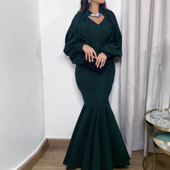 Women's solid color pleated puff sleeve fishtail long skirt European and American dress skirt