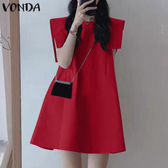 VONDA Elegant Dresses For Women 2022 Solid Color Round Neck Loose A-Line Dresses Bohemian Party Vestidos Casual Summer Plus Size Dresses