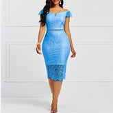 Women Dress Elegant Lace Evening Gown Women Blue Sexy Cutout Backless Body Dress Birthday Club Clothing