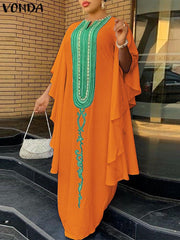 VONDA Elegant Dresses For Women 2022 Stripe Random Printed V Neck Long Flared Sleeve A Line Vestidos Bohemian Party Casual Plus Size Long Dresses