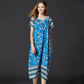 New Nightdress Women Viscose Short Sleeve Floral Nightgown Elastic Collar Long Dressing Gown Summer Sleepdress Casual Homewear