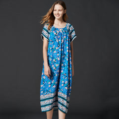New Nightdress Women Viscose Short Sleeve Floral Nightgown Elastic Collar Long Dressing Gown Summer Sleepdress Casual Homewear