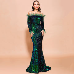 Sequined evening dress sexy female 2021 new European and American long-sleeved word shoulder feather party dress long section