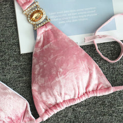 Pink Gold Velvet Women's Split Swimsuit Sexy Crystal Diamond Bikini