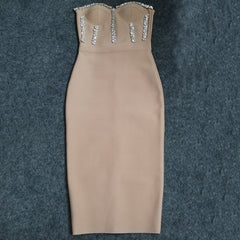 Sexy Strapless Women Bandage Bodycon Dress 2023 New Elegant Beaded Evening Club Midi Dress Summer Autumn Clothes