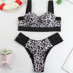 European and American popular leopard bandage sexy bikini women's hard-pack underwire swimsuit women