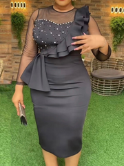 Classy Women White Midi Bodycon Dress Beads Sheer Long Sleeve Sweetheart Ruffles Peplum Dresses for Wedding Guest Party Birthday