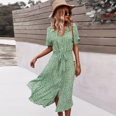 Women Beach Boho Summer Dress 2023 Vintage Floral High Waist Short Sleeve Dresses Button V-Neck Holiday Style Female Vestidos