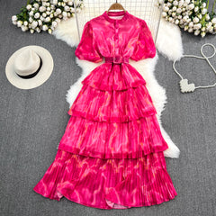 فستان كعكة على شكل حرف A بأكمام منتفخة فرنسية كلاسيكية لطيفة وياقة واقفة ومطبوع على شكل حرف A