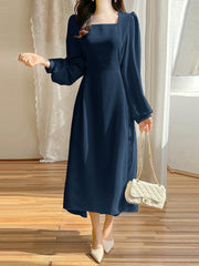 ZANZEA Women Long Puff Sleeve Dress Elegant Square Collar Maxi Vestido Fashion Bandage Waisted Long Robe Casual Solid Dress