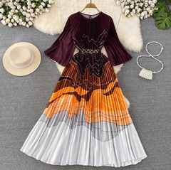 Retro temperament round neck waist slimming a-line positioning printed pleated dress elegant  long skirt