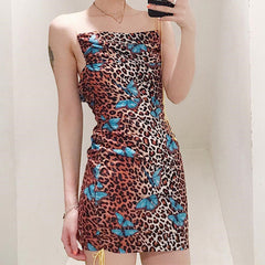 leopard print backless sexy bodycon mini dress summer women fashion slash neck slip party streetwear clothes
