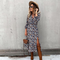 Autumn Winter Long Floral Print Dress Robe for Women 2021 Casual Long Sleeve Split Dress Female Boho Elegant Maxi Party Vestidos