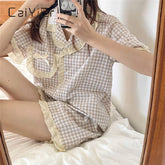 CAIYIER Summer Korea Women's Pajamas Sweet Girl Plaid Sleepwear Short Sleeve Shorts Retro Ruffle Nightwear Kawaii Japan Homewear