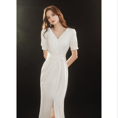 White evening dress female celebrity banquet elegant temperament host long sexy fishtail registration certificate graduation autumn