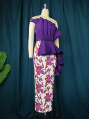 AOMEI Purple Dress Printed Patchwork One Shoulder Ruffles Bodycon Women Evening Birthday Party Event Gowns Large