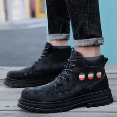 Leather rhubarb boots men's British style lace up Martin boots short boots 2022 spring and autumn single boots thick bottom all-match hiking boots