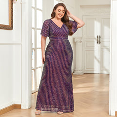 European and American women's short-sleeved ruffles elastic long skirt shiny sequins double V-neck women's floor-to-ceiling mermaid evening dress