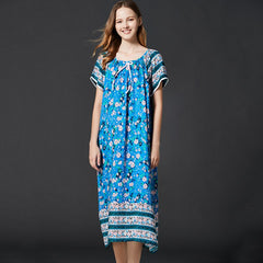 Summer Cotton Nightdress Women Korea Style Elastic Collar Short Sleeve Long Dresses Nightgown Sleepwear Homewear Female