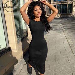 Inwoman Summer Black White Sexy Short Sleeves Knitted Clubwear Bodycon Booty Maxi Dress Women Female Party Sheath Dresses 2021