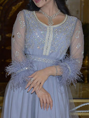 Blue-purple ostrich hair hot-drilling craft dress