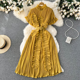 Frosty wind niche design feeling ruffled short-sleeved dress summer female seaside vacation waist beautiful long skirt