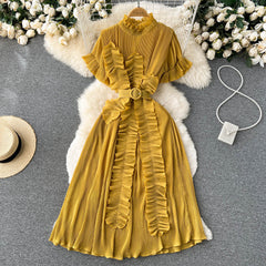 Frosty wind niche design feeling ruffled short-sleeved dress summer female seaside vacation waist beautiful long skirt