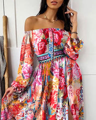 Evening dress European and American print dress V-neck pullover retro long-sleeved large swing dress