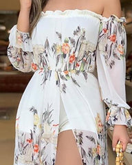 فستان بوهو شيفون أبيض بأكمام طويلة