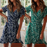 Women Dresses Summer Sexy V Neck Floral Print Boho Beach Dress Ruffle Short Sleeve A Line Mini Dress Wrap Sundress Robe