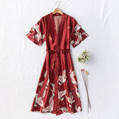 Kimono Satin Pajamas Wedding Japanese Yukata Bridesmaid Robe crane Print Bathrobe Nightgown Sleepwear Women Kimono Robe Gown Elegant Home Clothing