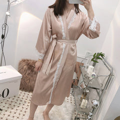 Dressing gown female bride bridesmaid group wedding home nightgown spring and autumn ice silk long bathrobe sexy lace