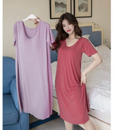 Pajamas with chest pads, women's summer short-sleeved thin color pajamas, long over-the-knee home wear, no underwear