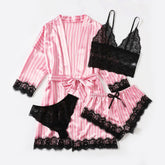 Women's Pajamas 4pcs Floral Lace Satin Pajama Set Nightgown Sexy Silk Pajamas Nightgown Set Casual Homewear Pajamas